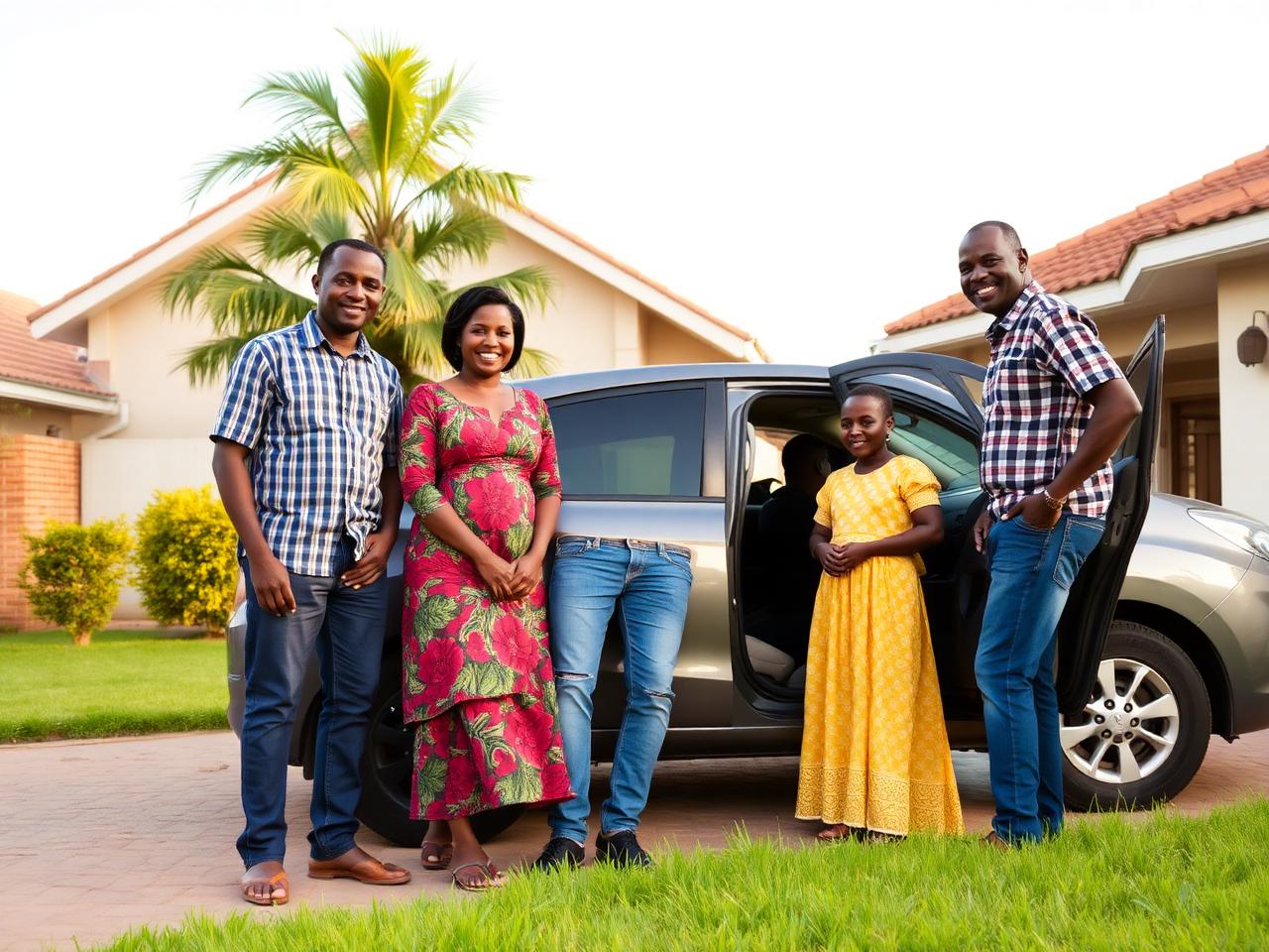 Photo of a Kenyan family beside their car after an accident claim was settled