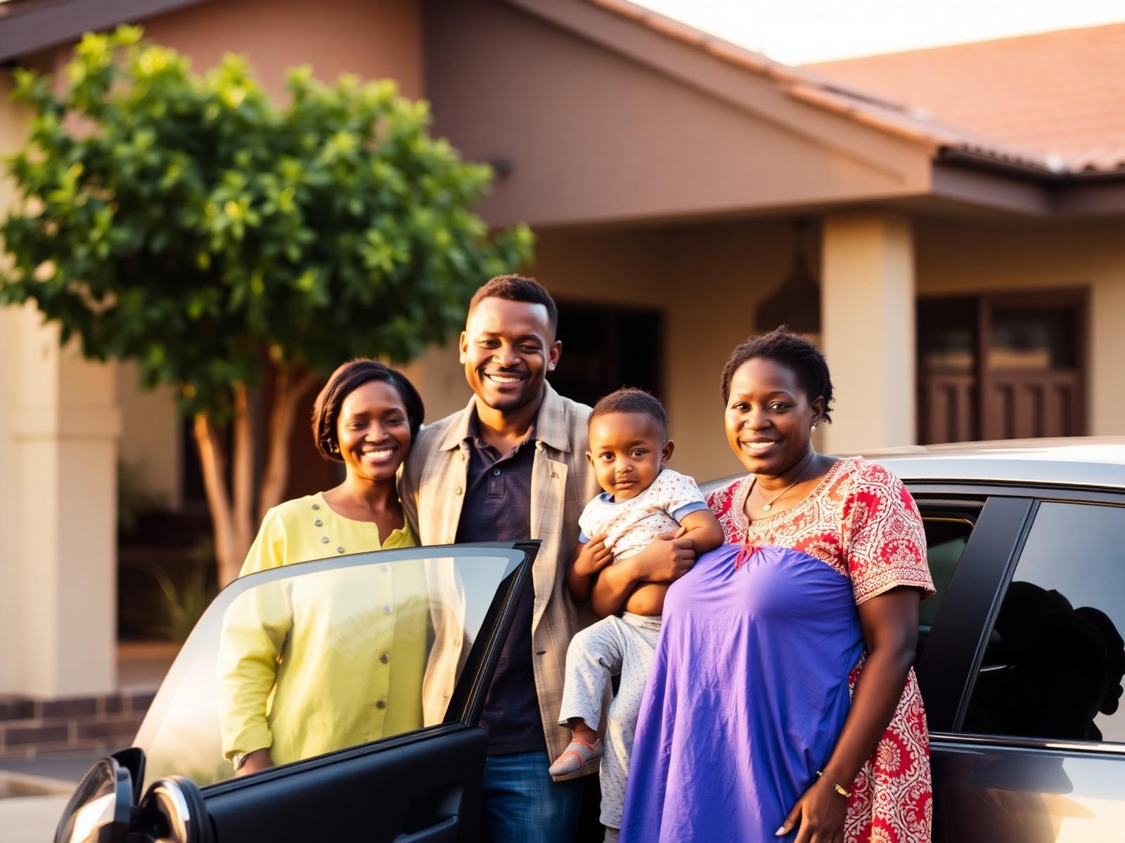 photo of a Kenyan family standing beside their car outside their home